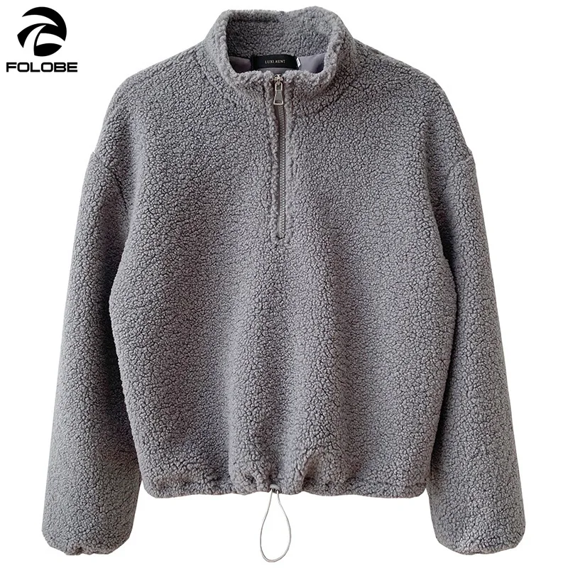

FOLOBE 2020 Fashion Korean Hoodies Women Lamb Wool Coat Stand Lantern Sleeve Hooded Short Outwear Streetwear Female Sweatshirt