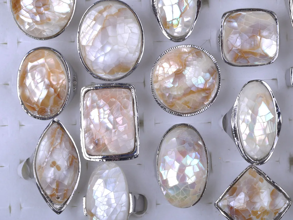 

20pcs Rectangle Pink Lapis Lazuli Stone Abalone Shell Ring Silver Color Natural Stone Rings for women Hand Jewelry