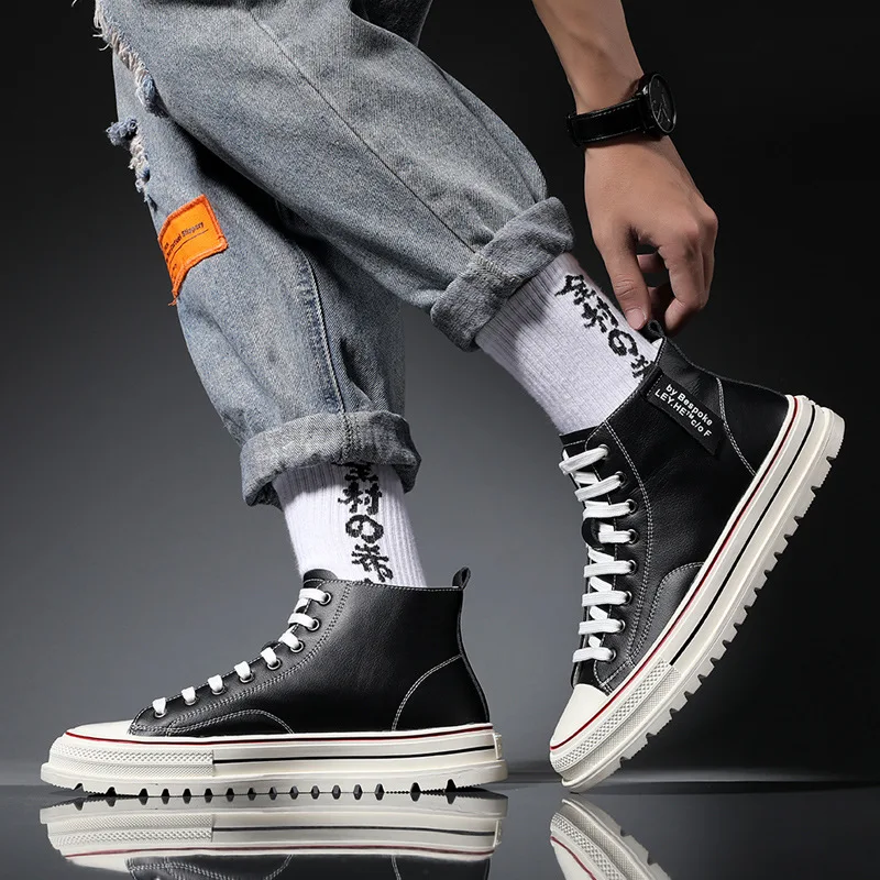 

2022 Spring New Men's Leather High-top Sneakers Korean Version Trend All-match Net Red Canvas Shoes Casual Shoes