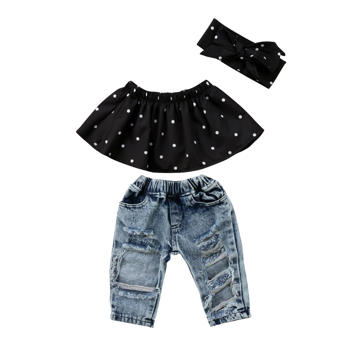 

Summer Infant Baby Girls 3PCS Set Ruffle Off Shoulder Wave Point Tops + Ripped Jeans + Bow Headband Outfit