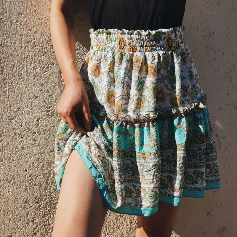 

MoneRffi 2021 Summer Vintage Floral Print Skirt Women Beach Ruffles Boho Style Casual High Waist Bohemian Mini Pleated Skirts