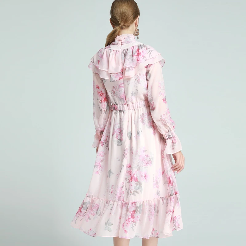 

2021 SPRING ROUND NECK FLORAL PRINT RUFFLE DRESS
