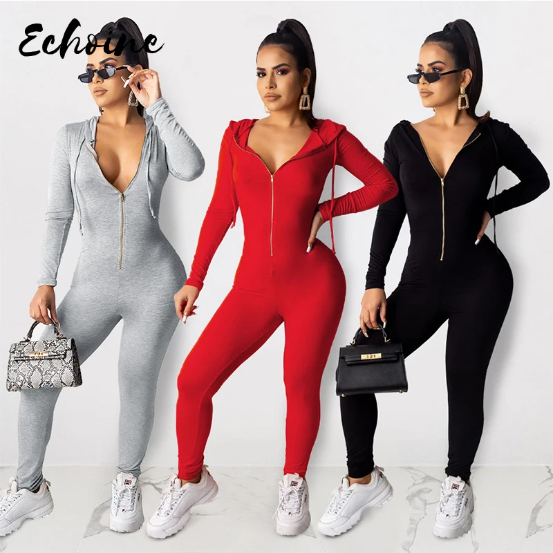 Комбинезон женский с капюшоном однотонный бандажный пикантный Ромпер на молнии