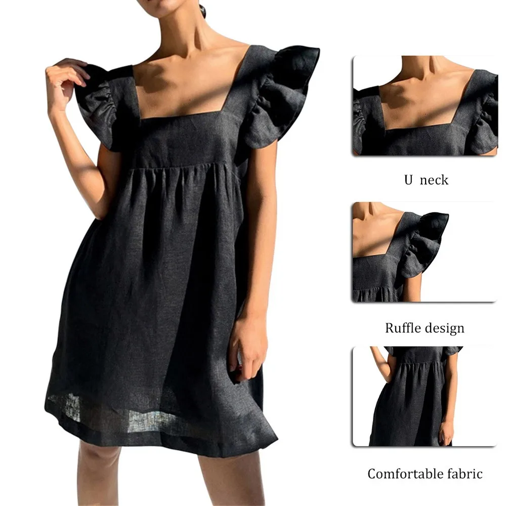 

2021 Casual Square Collar Butterfly Sleeve Mini Sweet Dress Woman Backless High Waist Loose Linen Solid Dress Summer