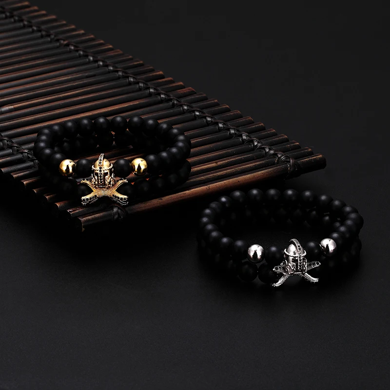 2 piece set /Novelty Fashion Knight Helmet CZ Pearl Bracelet Men 8mm Black Natural Stone Spartan Warrior Gladiator Yoga | Украшения и