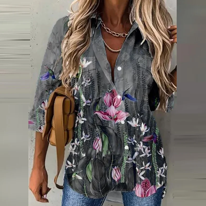 

Женская винтажная рубашка с цветочным принтом и рукавом, Элегантная блузка с отложным воротником на пуговицах, повседневная женская Свобод...