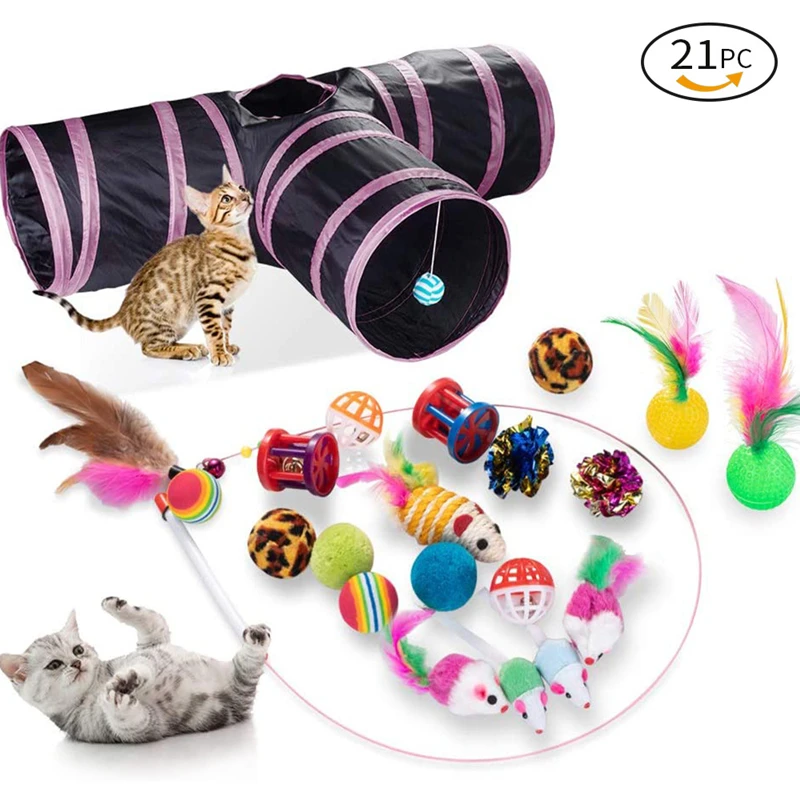 

21 Pcs Cat Toys Kit Collapsible Tunnel 3 Holes Indoor Kitten Cat Feather Teaser Wand Mice Balls Bell Pet Teeth Clean Fun Channel