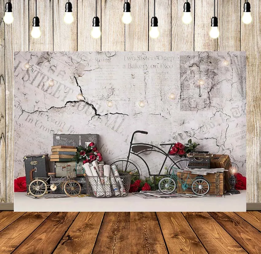

Фон для фотосъемки с изображением белой кирпичной стены на День святого Валентина, велосипеда, красной розы