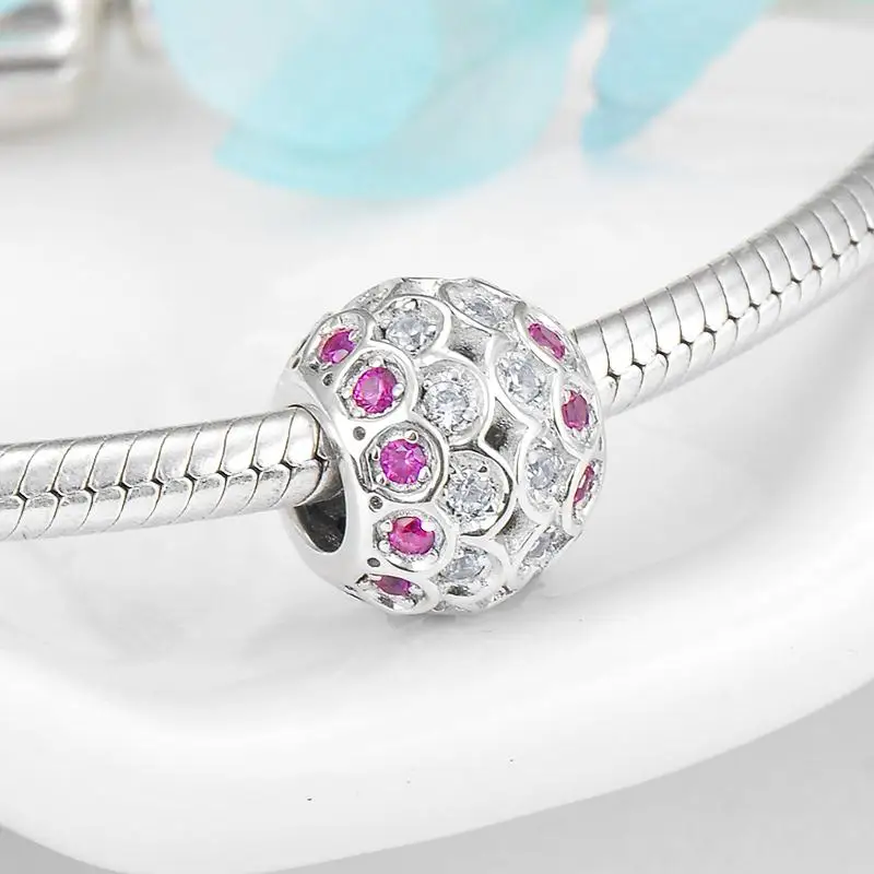 Женские эмалевые бусины из серебра 925 пробы с розовыми и белыми цветами вишни