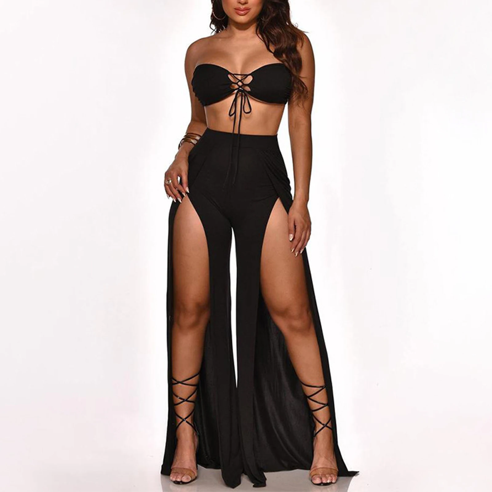 

2 Pieces Suit Set, Female Solid Color Sleeveless Strapless Crop Tops+ Loose Pants for Summer, S/M/L/XL