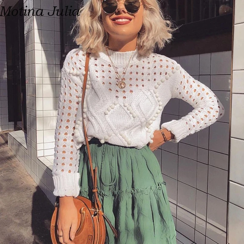 Motina Julia Sexy hollow out chunky knitted sweater women 2018 white autumn soft pom pullover female basic jumper | Женская одежда