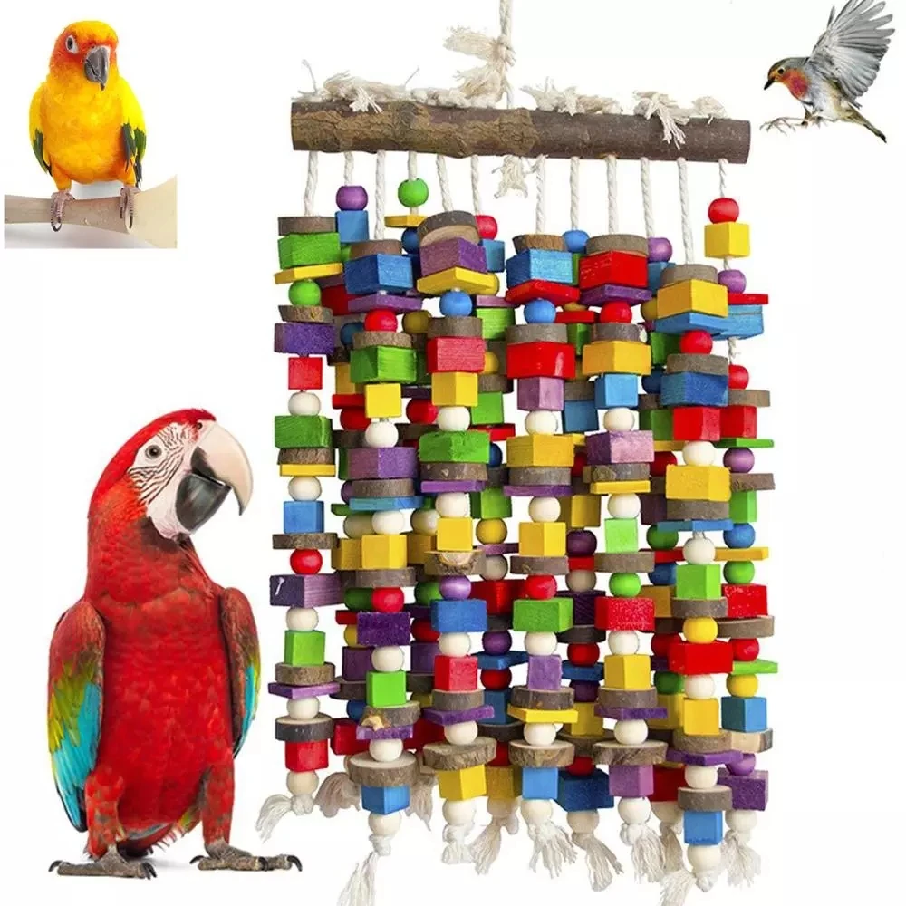 Wooden Bird Toys Large Bird Chewing Toy Parrot Birds Toys Accessories Big Parrot Cage Bite Toy for African Grey Macaws Cockatoos