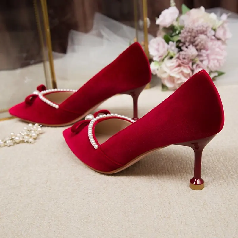 Woman Sexy Red Velvet Pearls Pumps Pointed Toe Thin High Heels Party Wedding Shoes Women Spring Zapatos Lady