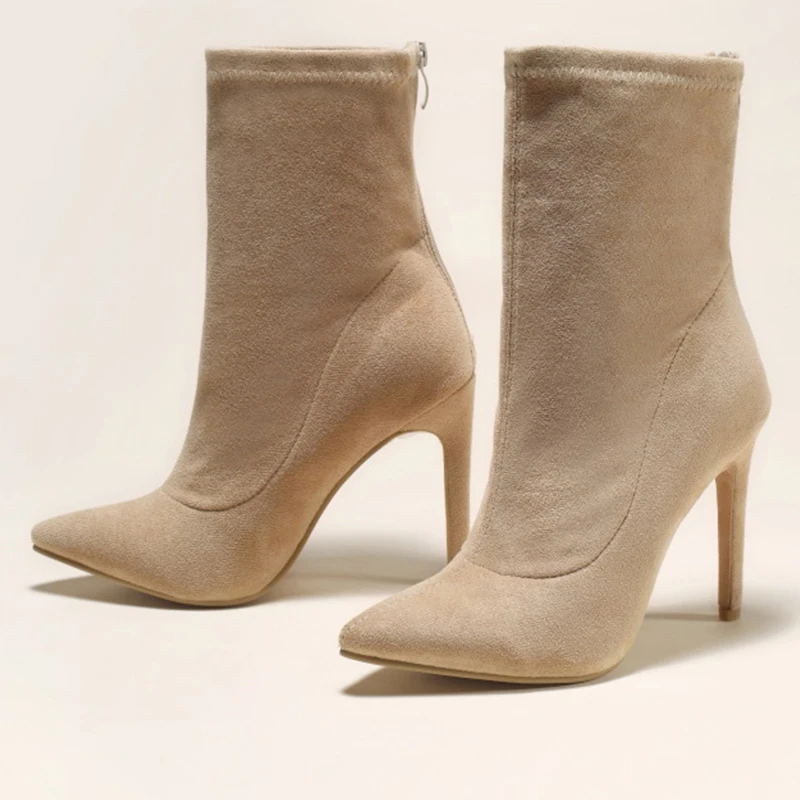 

Women's High Heels Boots Sexy Mid-Calf Booties Woman 2021 Fashion Suede Autumn Boots Zipper Pointed Thin Heel Botas