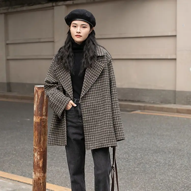 

Loose Hepburn Houndstooth Design Woolen Suit Coat Fashion Autumn and Winter Woolen Coat Women's Mid-Length 2020 New