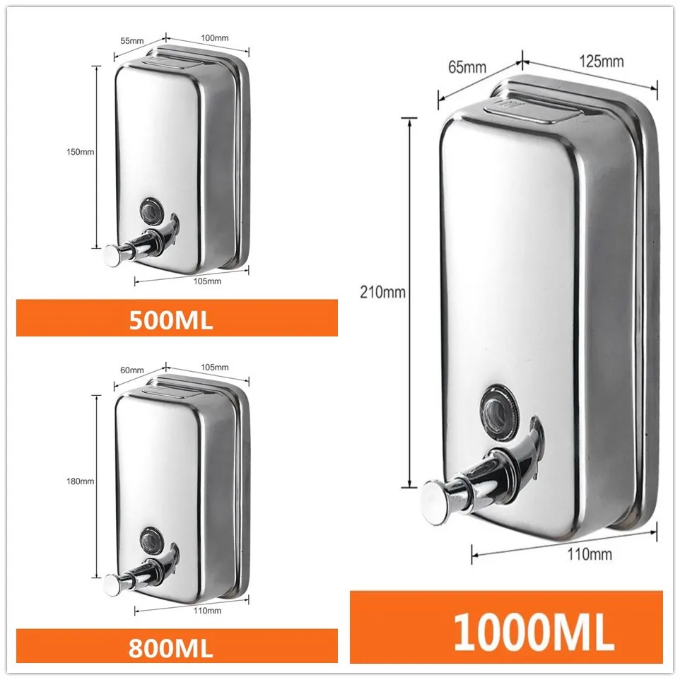 500ml/800ml/1000ml Wall Mounted Soap Dispenser Stainless Steel Pump Soap Bathroom Shower Gel Liquid Shampoo Dispenser Holder