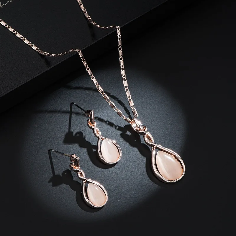 

Elegant Round Opal Stone Wedding Jewelry Sets For Women Gold Color Long Necklace Drop Earrings Accessories Gift 2021 New