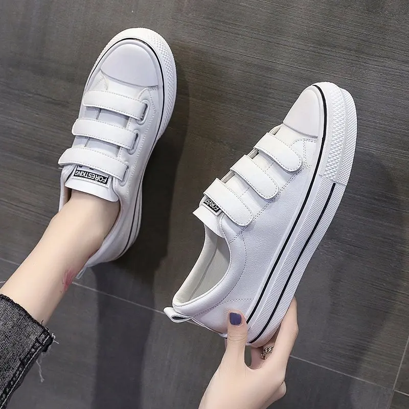

Pu Leather White Shoes Women Sneakers Flats Vulcanize Hook Loop 2021 Spring New Female Casual Shoes White Sneakers for Women
