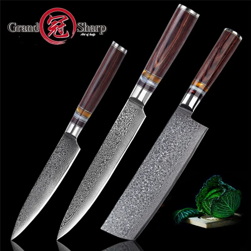

Grandsharp 3 шт. набор ножей из дамасской стали Nakiri кухонные ножи vg10 японский Дамаск 67 слоев высокоуглеродные ножи