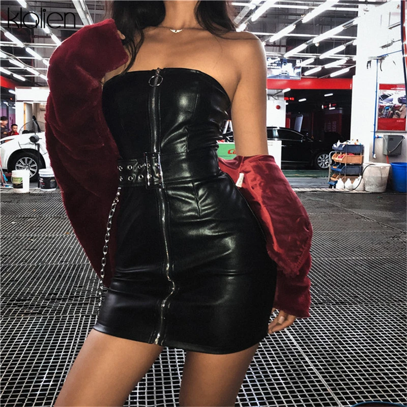 KLALIEN женское весеннее готическое стильное черное платье из искусственной кожи на