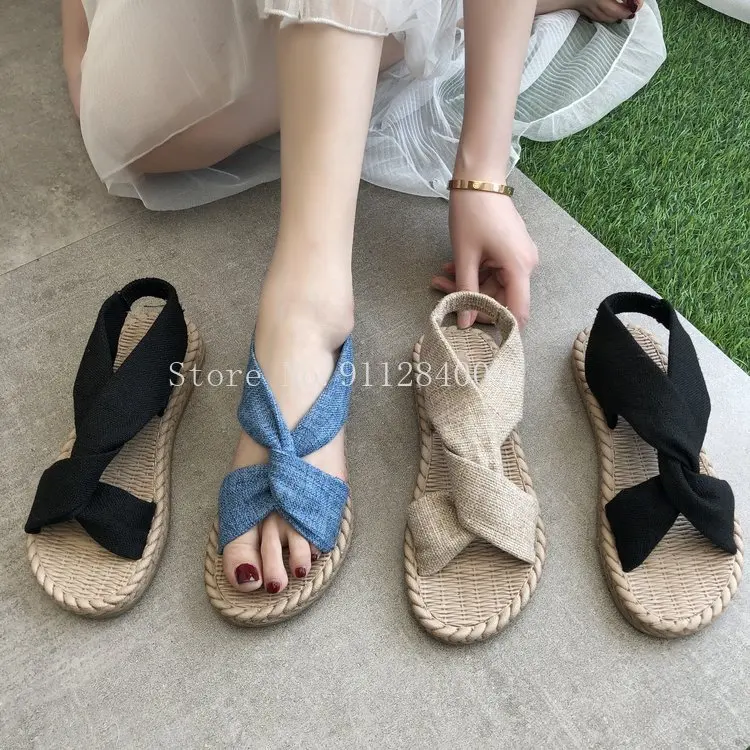 

2021 new Sandal Women Wear grass-woven Linen Roman sandals with elastic straps and crossed flats outside in summer