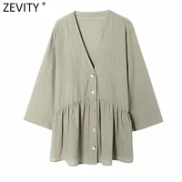 zevity women vintage v neck solid pleats breasted linen kimono shirts lady casual smock blouse roupas chic femininas tops ls9570
