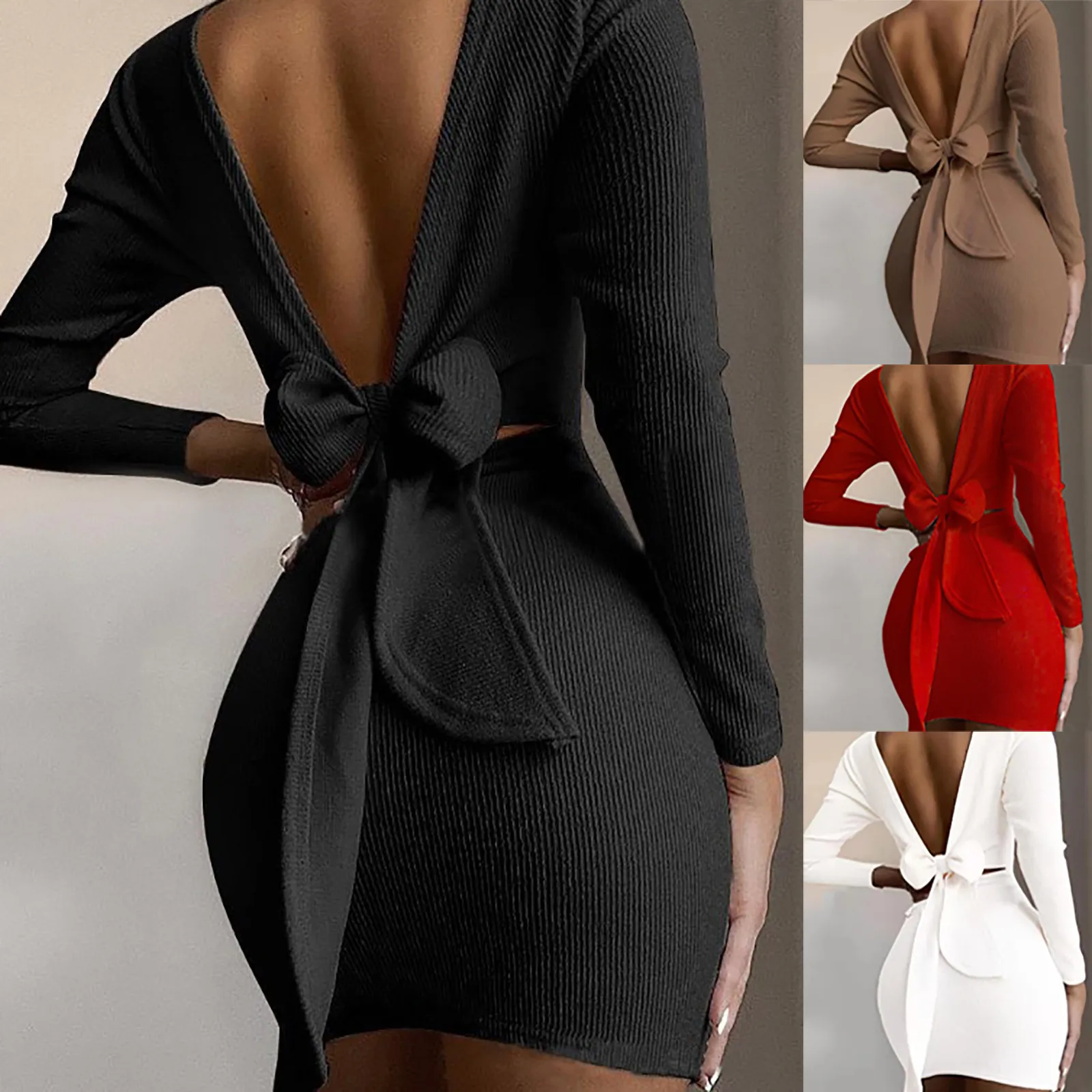 

Women's trend Fashion Casual Mature sexy Solid Color O-Neck Butterfly Dew Back bodycon dress Long Sleeve Dresse Dress#Y