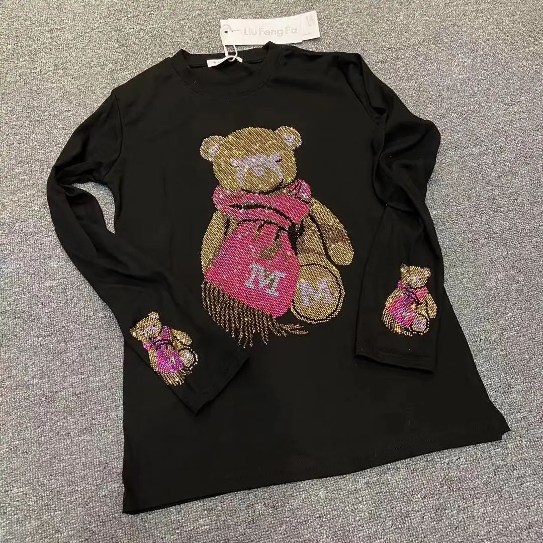 

20 New Fashion Brand Heavy Industry Hot Drill Scarf Bear Long Sleeve Female T-shirt Round Neck Pullover Black European Bottomed