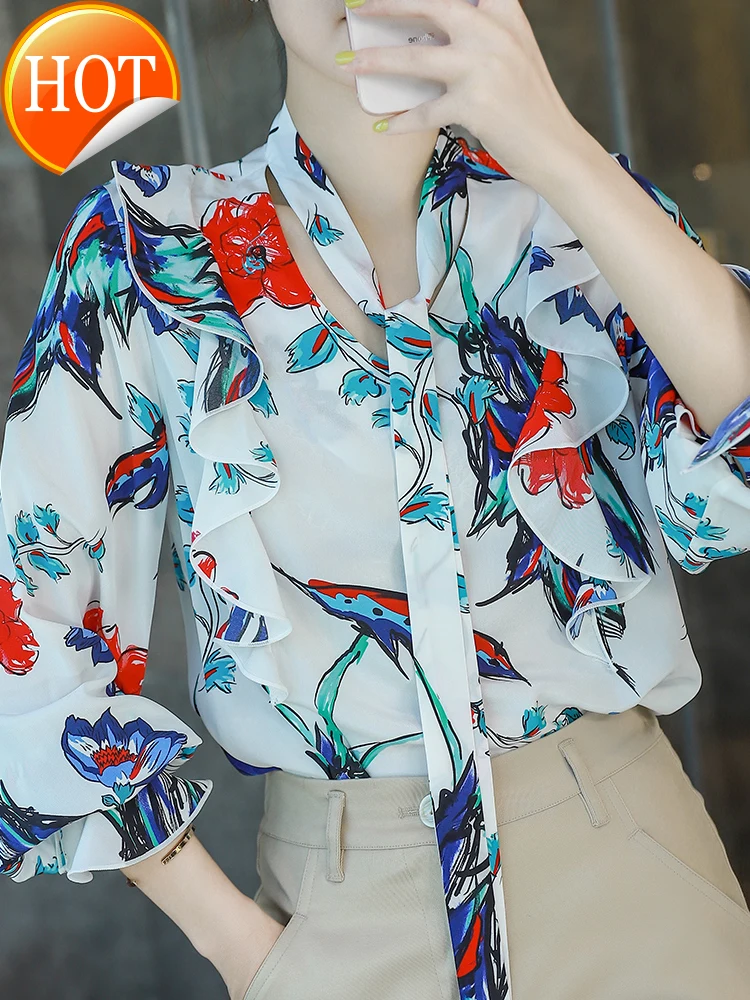 

western French style crepe chine silk floral shirt Women's V-neck flared sleeve fashionable temperament