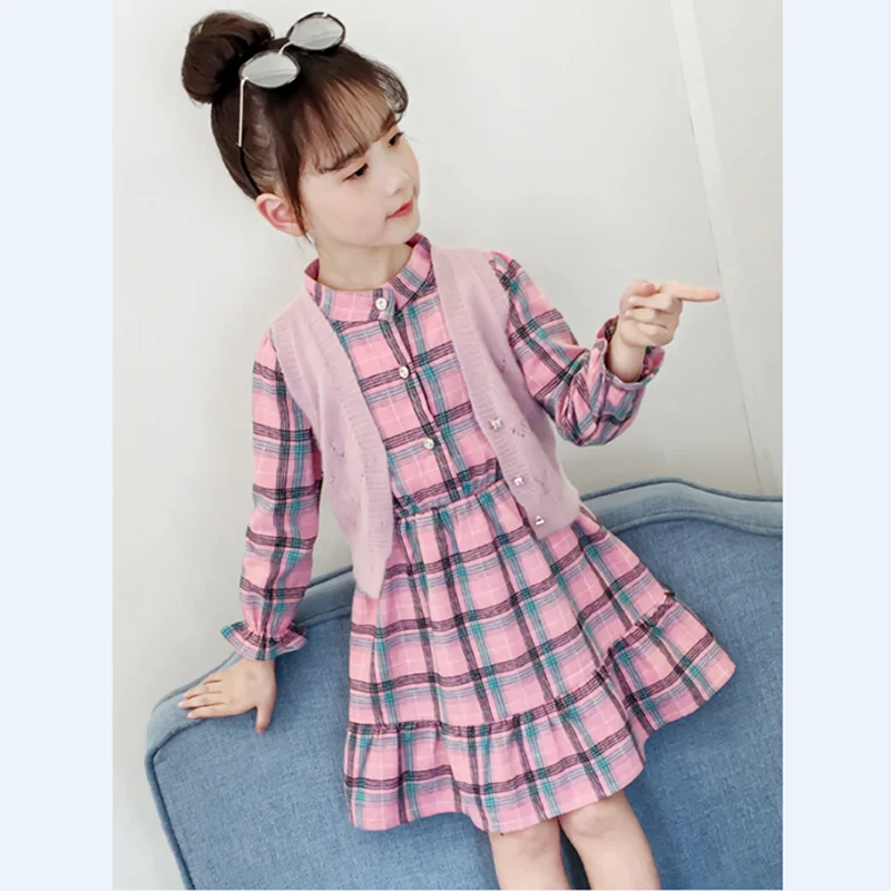 Детское платье весна-осень 2019 клетчатое с длинными рукавами и карманами для