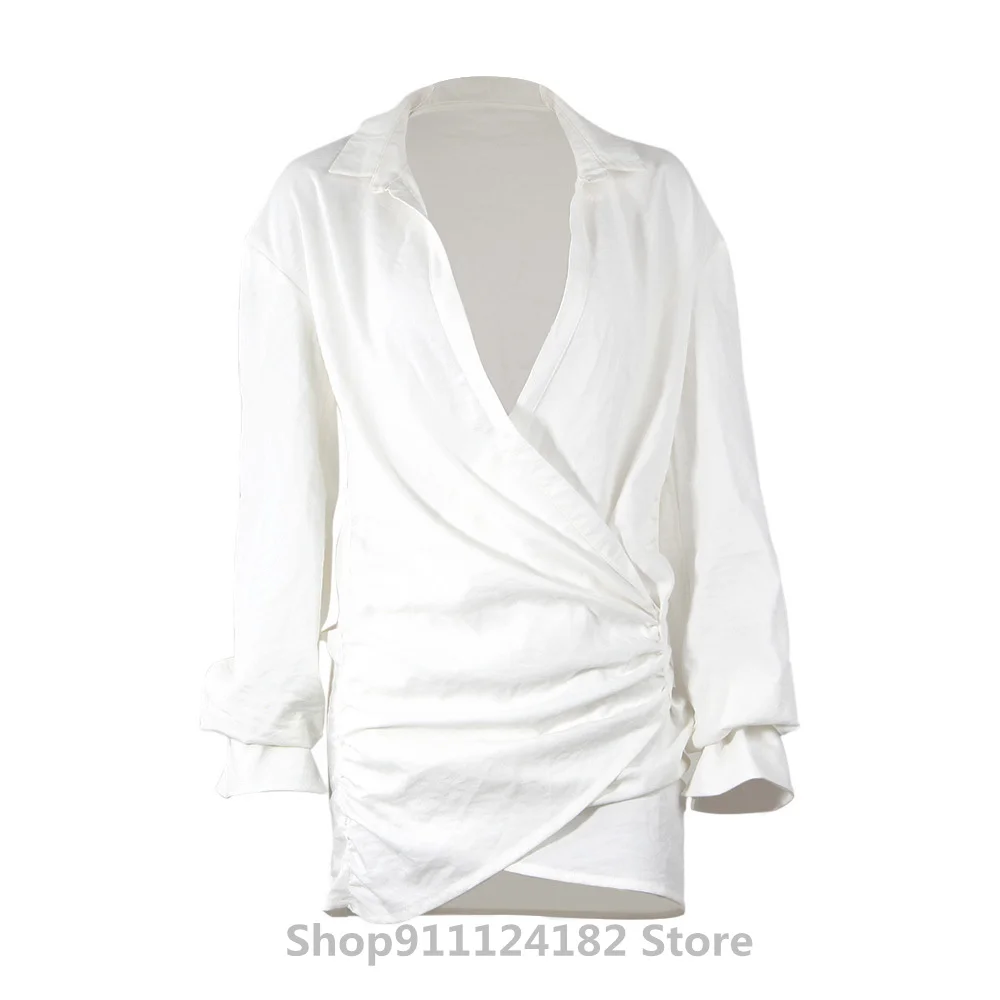 

European And American Spring Long-Sleeved White Shirt Sexy Deep V Cross-Border Women's Explosive INS Net Red Linen Dress