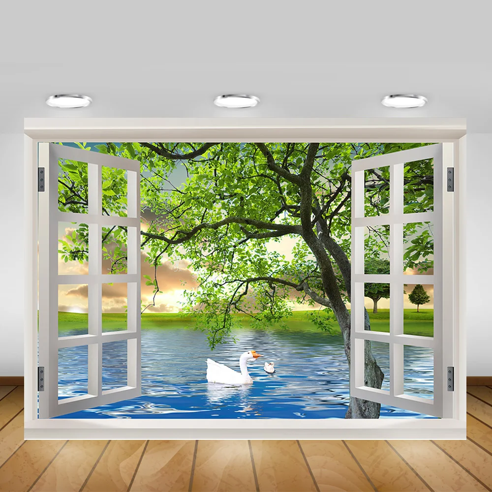 Весенний пейзаж фон для фотографии зеленые деревья озеро Окно Фон гусиные фоны С