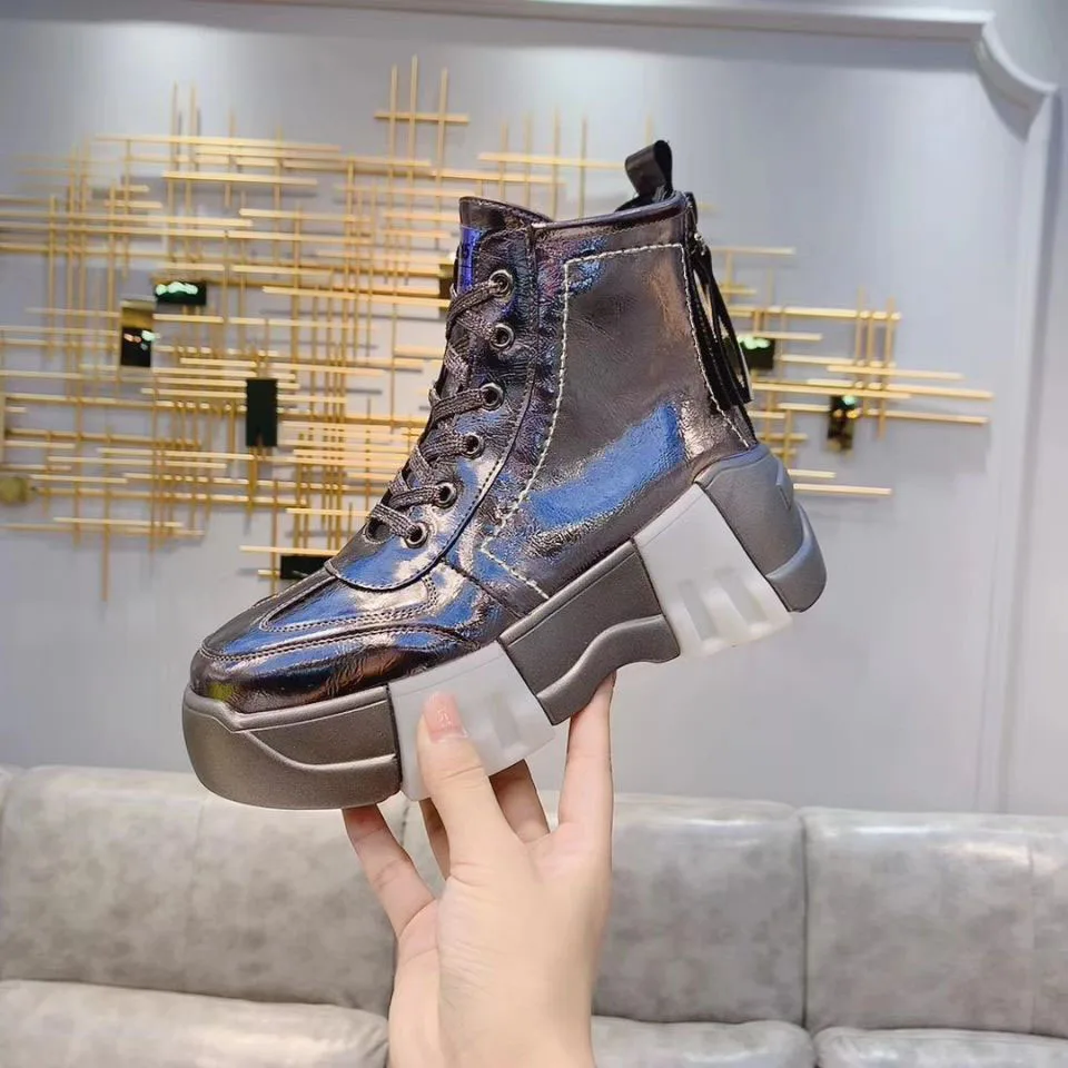 

Women Short Ankle Boots Patent Leather High Top Sneakers Platform Heel High Top Booties Sneakers Lace Up Zip Shoes Botas Mujer