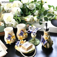 5pcs european stereo butterfly flower ceramic bathroom wash kit mouth cup toothbrush holder soap bottle soap dish home wash set