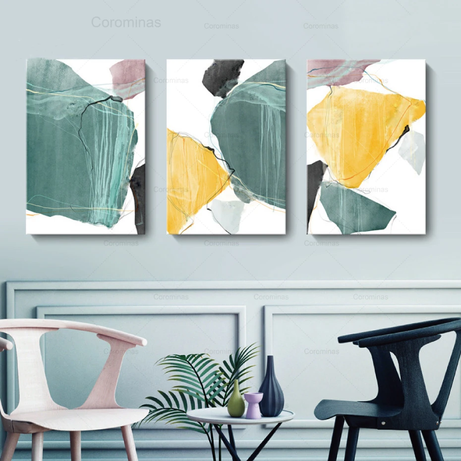 

Современный абстрактный постер в скандинавском стиле, зеленые и Желтые блоки, узорные линии, Настенная картина для гостиной, украшение, печ...