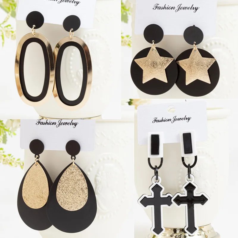 

Vintage Fashion Black Large Cross Geometric Earrings for Women Simple Gold Round Long Drop Earring Trendy Female Jewelry