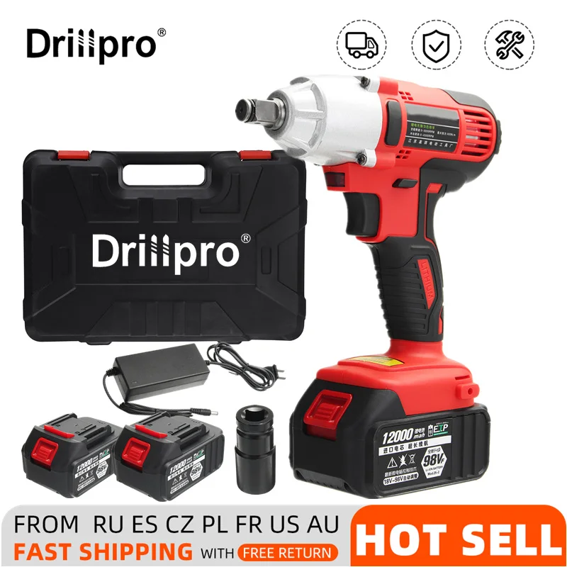 

Drillpro Brushless Cordless Electric Impact Wrench 1/2 inch Power Tools 2x Lithium-Ion Battery for Makita 18V Battery 110-240V