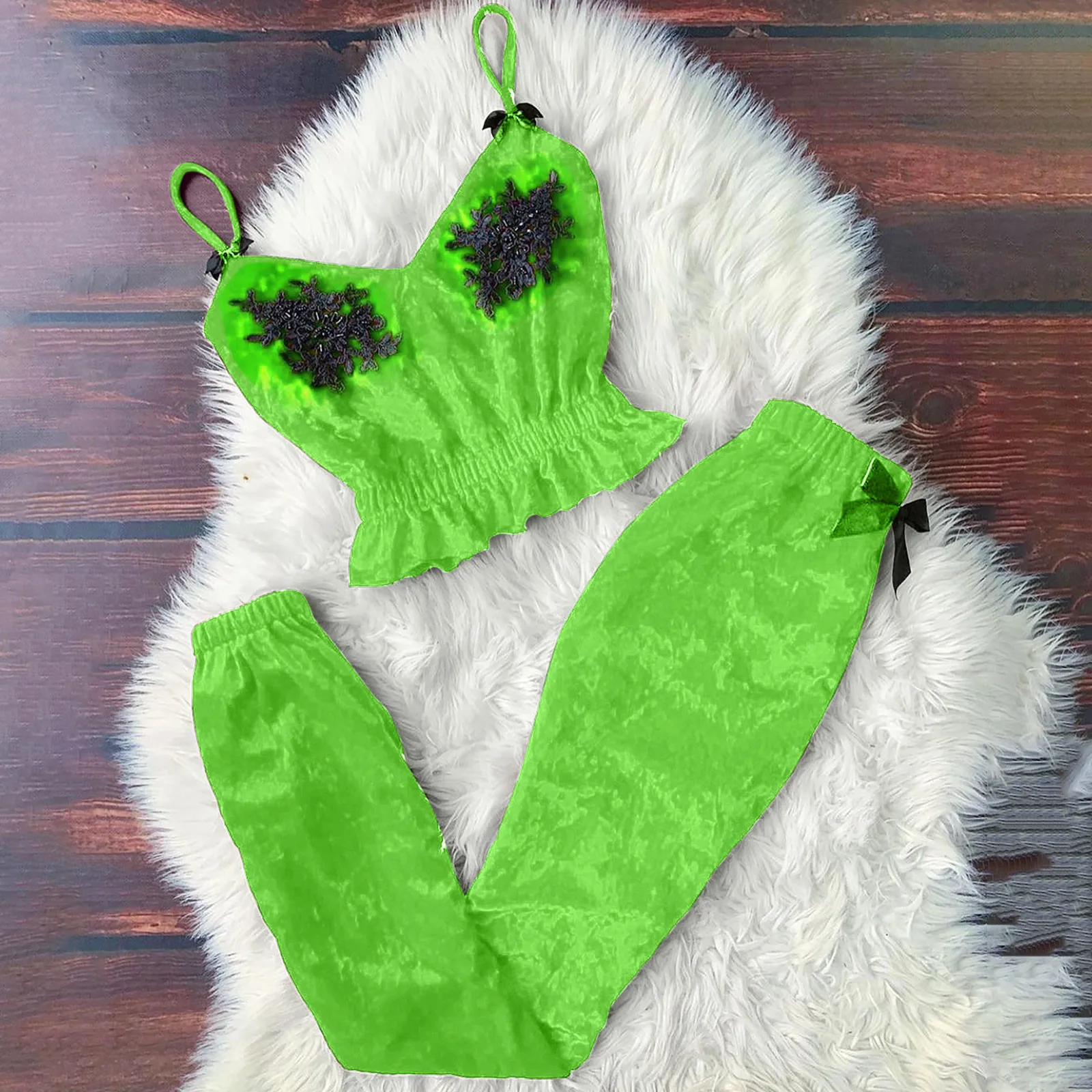 

Women Sleepwear Pijamas Femmes Underwear Nightwear Sleep Tops V-Neck Eyelash Beaded Sexy Stain Camisole Pajama Bowknot Pants Set