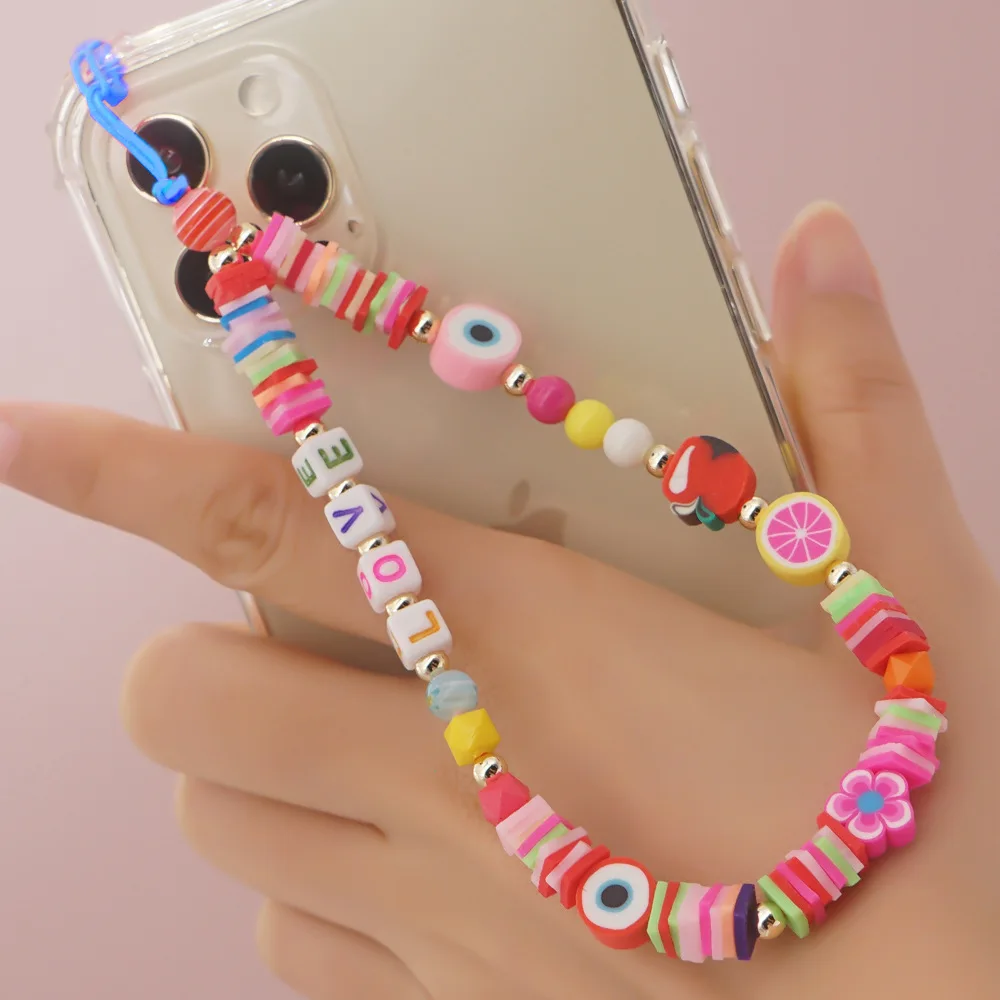 

Multi-Element Colorful Soft Pottery Round Beads Devil's Eyes LOVE Letters Striped Beads Mobile Phone Chain Women Lanyard Jewelry