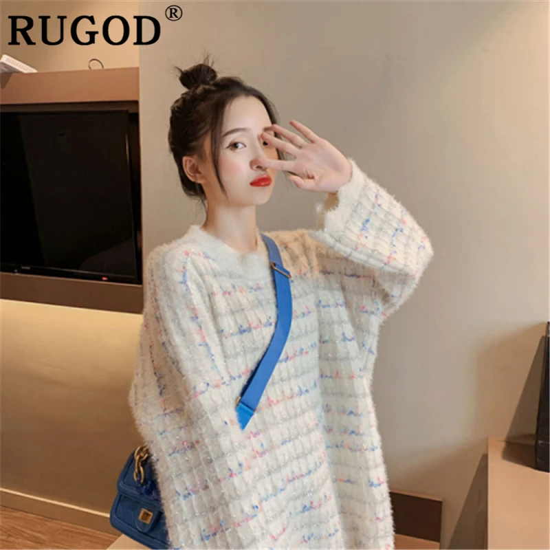 Женский вязаный свитер RUGOD элегантный свободный средней длины с круглым вырезом