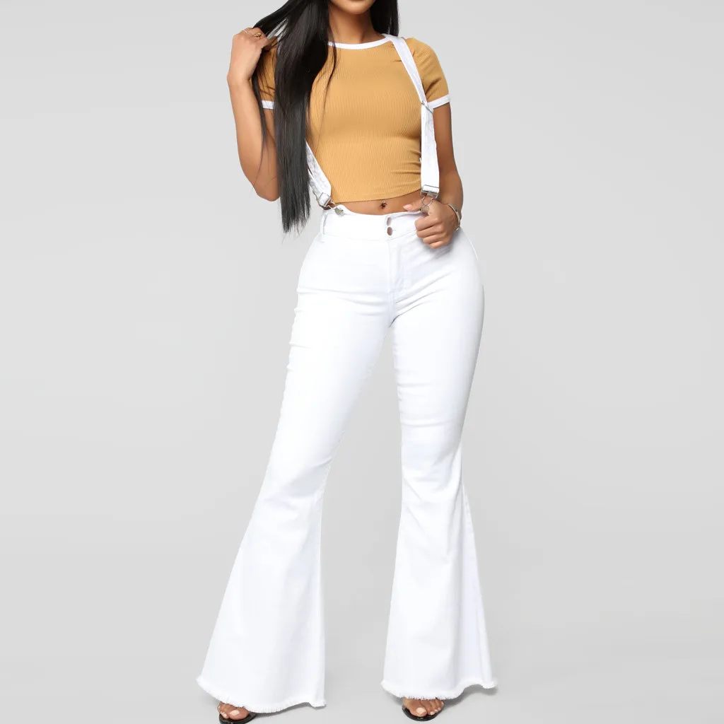 

Women High Waist Zipper Jeans Button Strap Pants Trousers Bell-bottom Pants Jeans 3colors Casual Female Autumn Jeans Jean femme