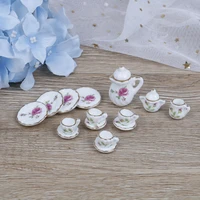 15pcs 112 miniature doll house pink flower patten porcelain coffee tea cups ceramic tableware dollhouse kitchen accessories