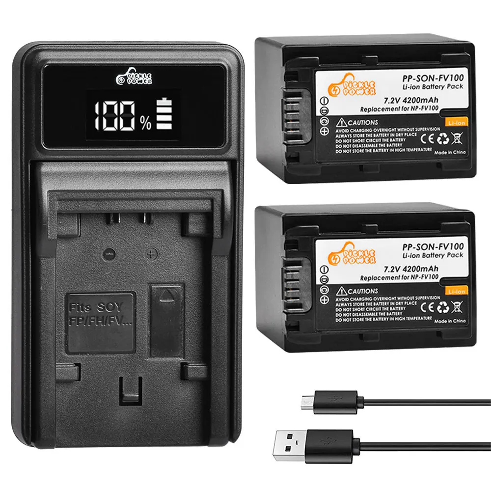 

Pickle Power 4200mAh NP-FV100 FV100 Battery + LED USB Charger for Sony NP-FV30 NP-FV50 NP-FV70 SX83E SX63E FDR-AX100E AX100E