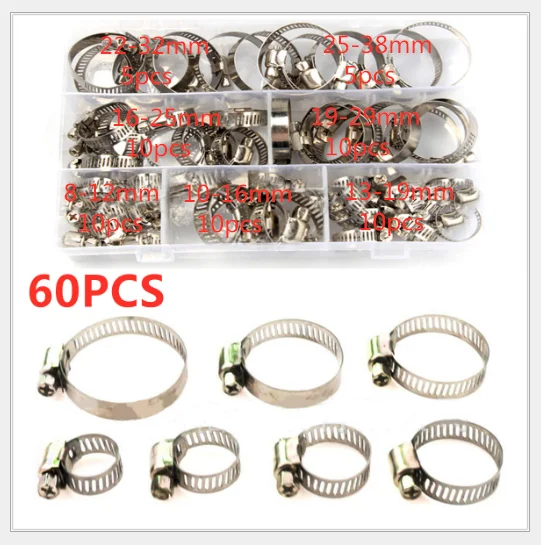 

60 PCS/Box 80pcs Multi Size 8mm-38mm Stainless Steel Hoop Clamp Hose Clamp Stainless Steel Set automotive pipes clip Fixed tool