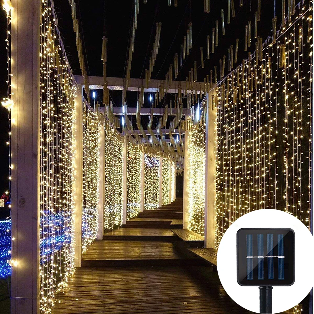 3X3M 300 LED Solar Curtain String Lights Waterproof 8 Modes Outdoor Garden Patio Decorations lights for Wedding Party Christmas
