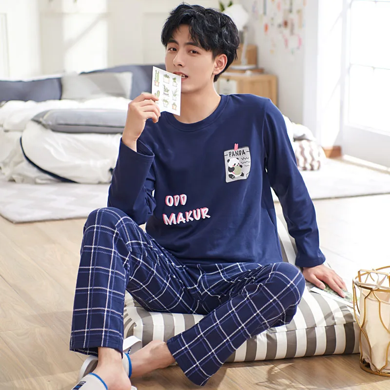 

Homewear Two-piece Suit Pajamas Men's Autumn and Winter Pure Cotton Long-sleeved Thin Section Teenager Cartoon Student Cotton