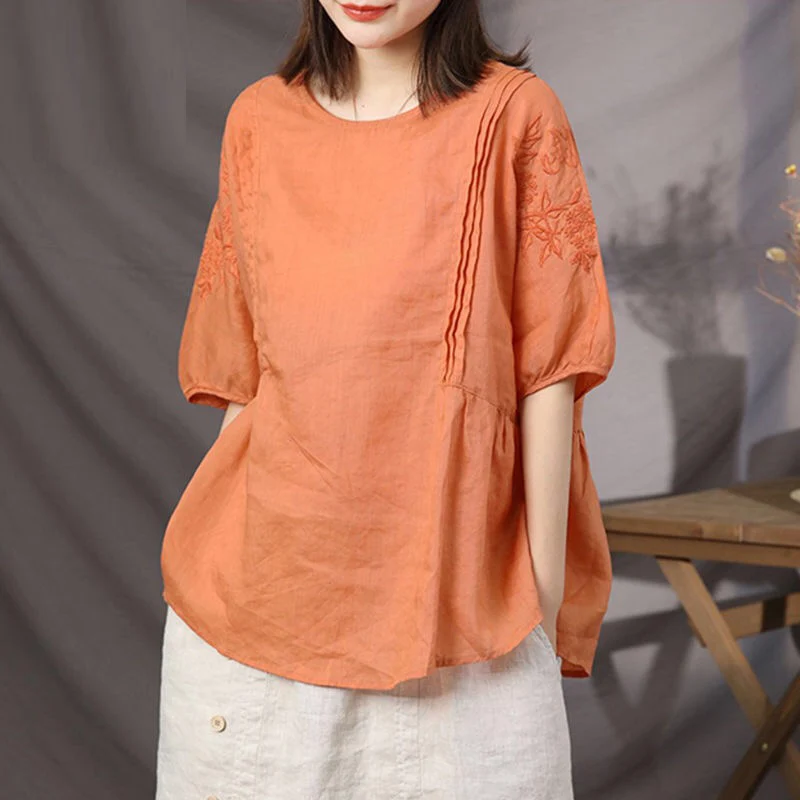 Женская свободная льняная блузка с вышивкой рубашки рукавом до локтя 4xl