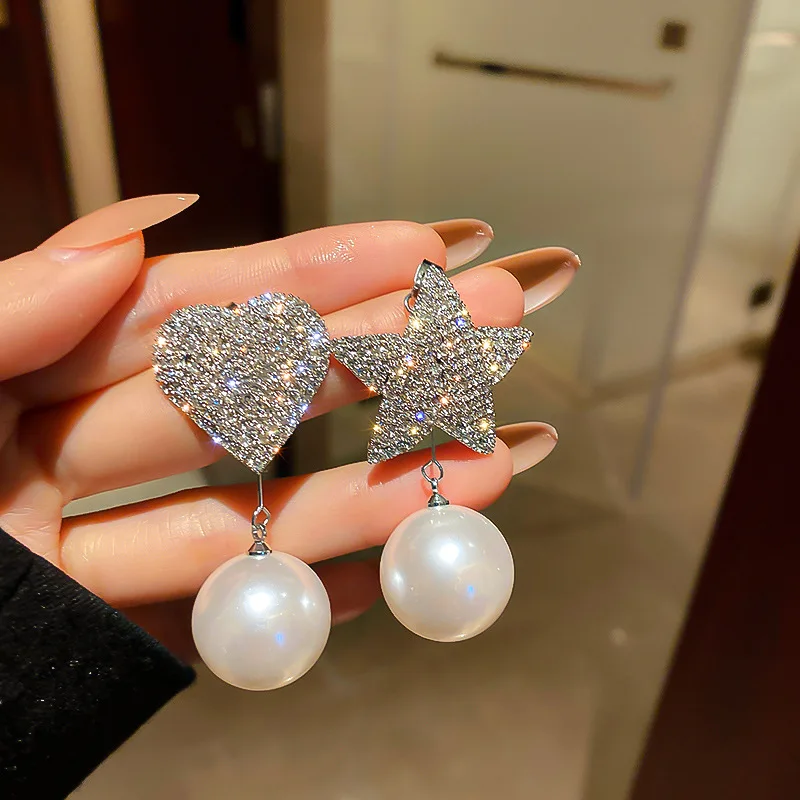

Luxury Female Star Heart Asymmetric Earrings Charm Silver Color Dangle Earrings For Women Elegant White Crystal Wedding Earrings
