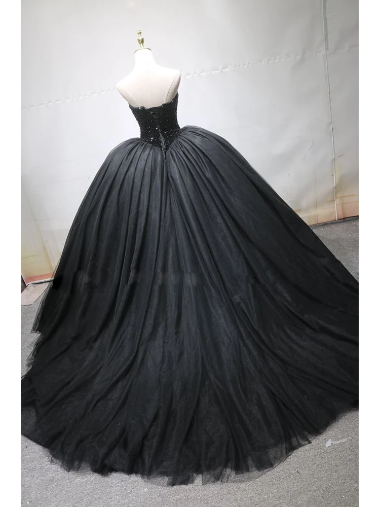 Gorgeous Black Ball Gown Prom Dresses Sparkling Beading Top High Waist Sweep Train Evening Gowns Runway Dresses
