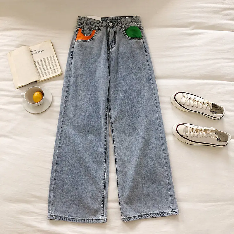 

Женские джинсы y2k с высокой талией, Широкие джинсовые брюки со вставками и карманами, милые джинсы с широкими штанинами, джинсы в Корейском с...